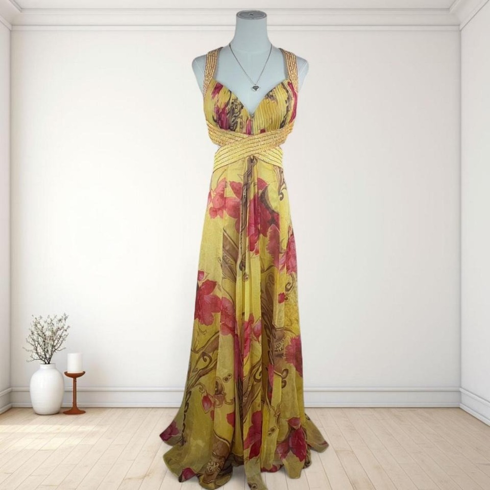 Y2K vintage La Femme yellow floral beaded halter maxi gown tropical open back